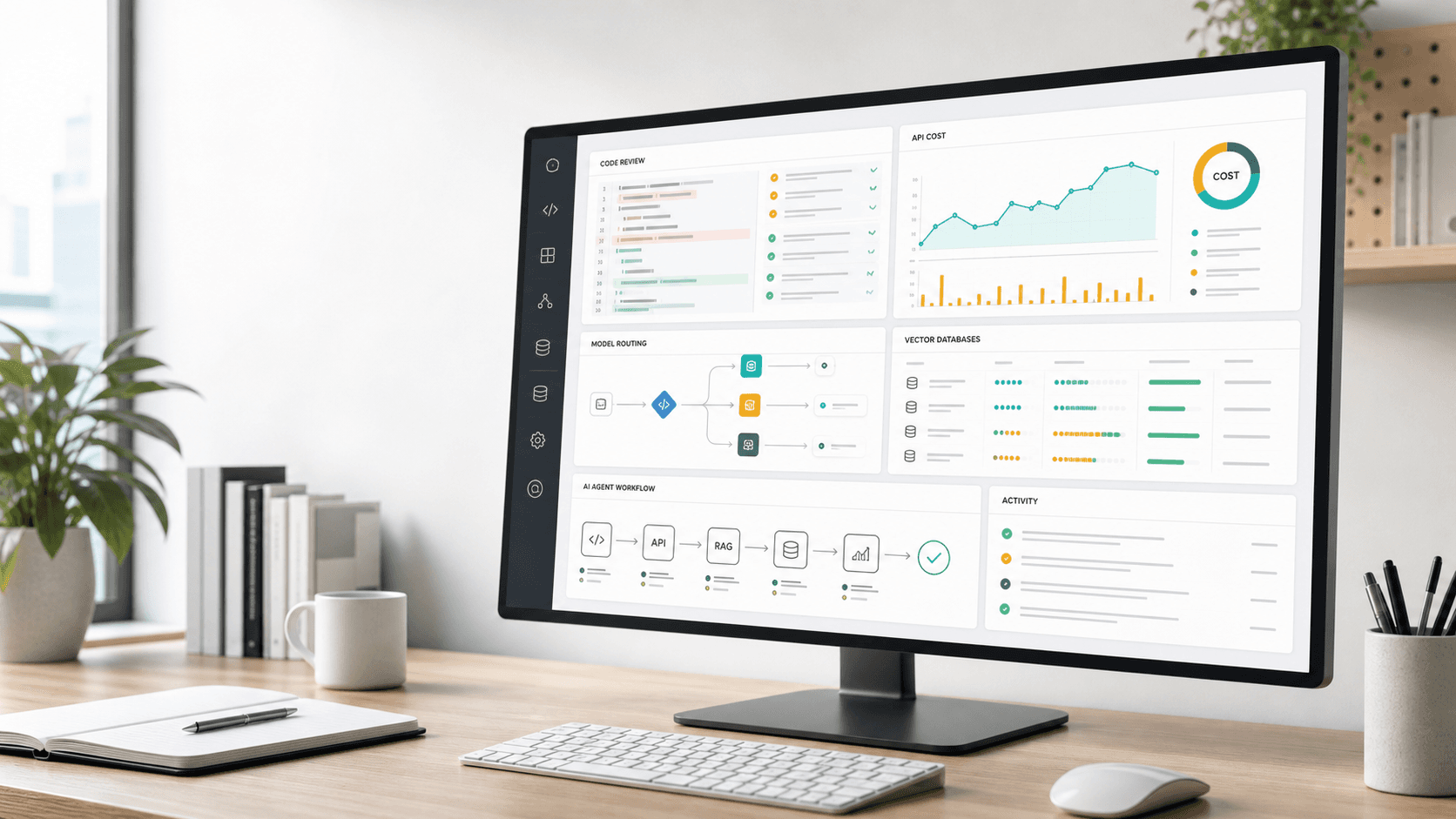 AI developer workflow dashboard showing API cost, code review, vector database, and agent workflow panels
