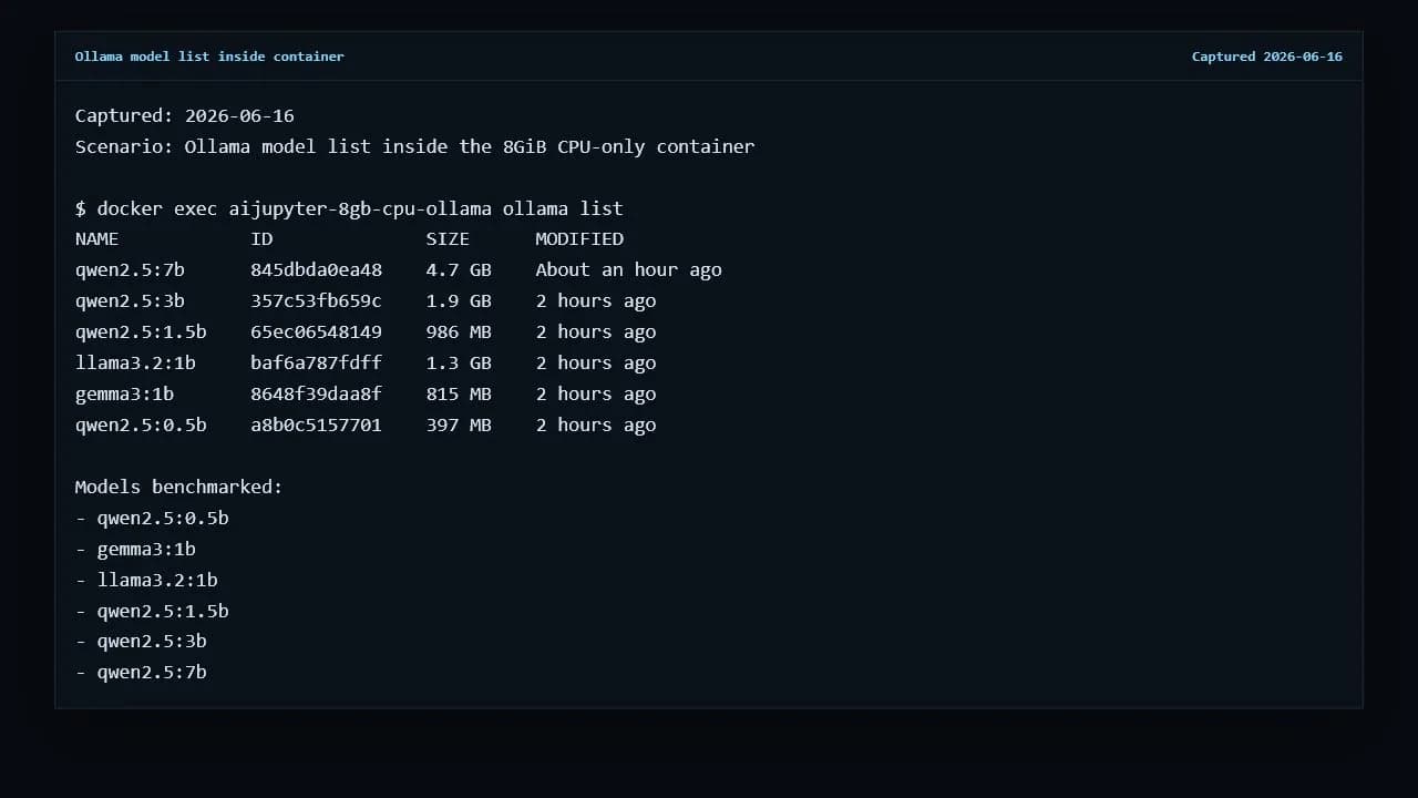 Raw Ollama model list output showing six local models pulled inside the 8GiB CPU-only container