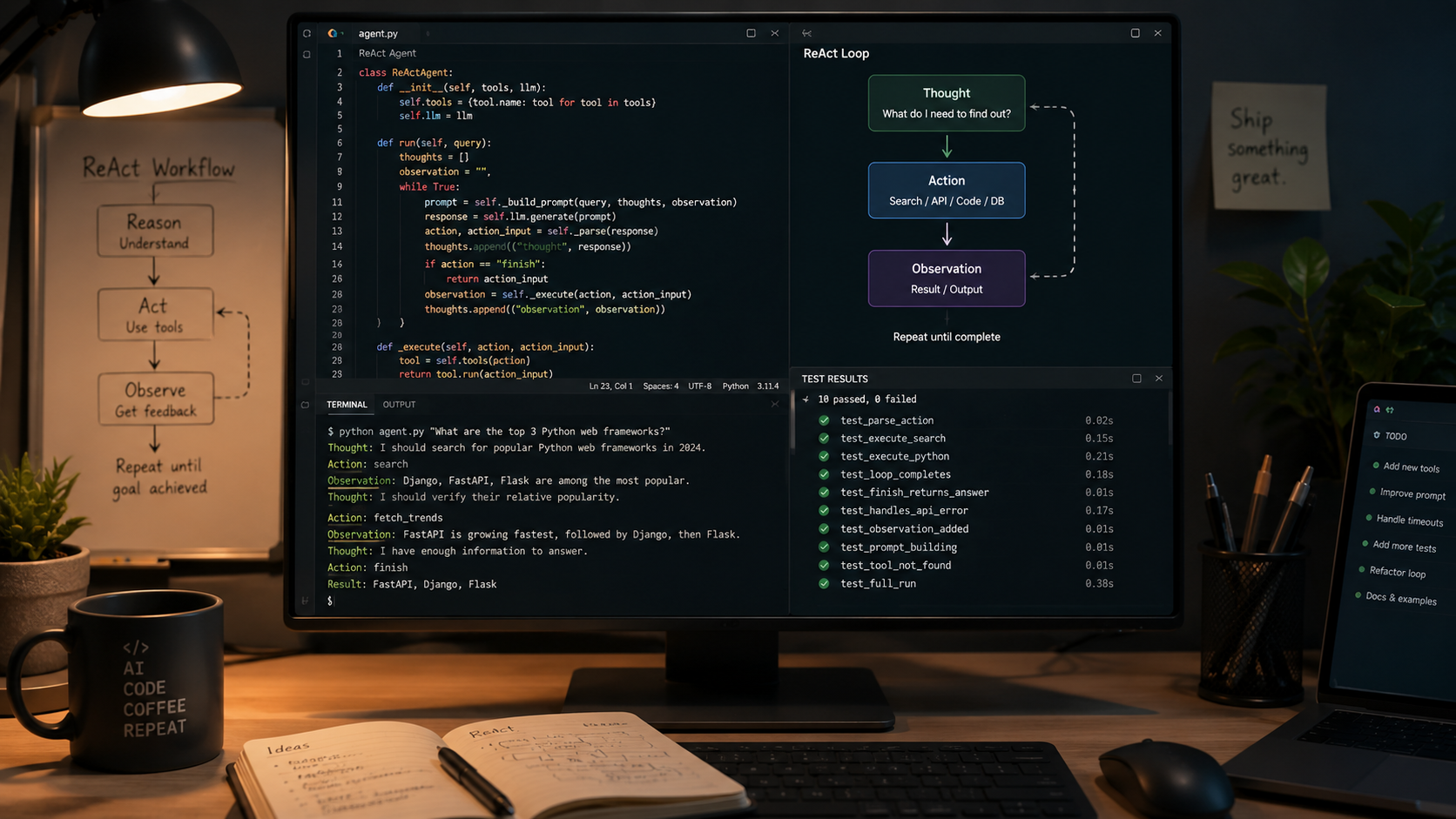 Developer workspace showing a ReAct AI agent using code, terminal output, and test results