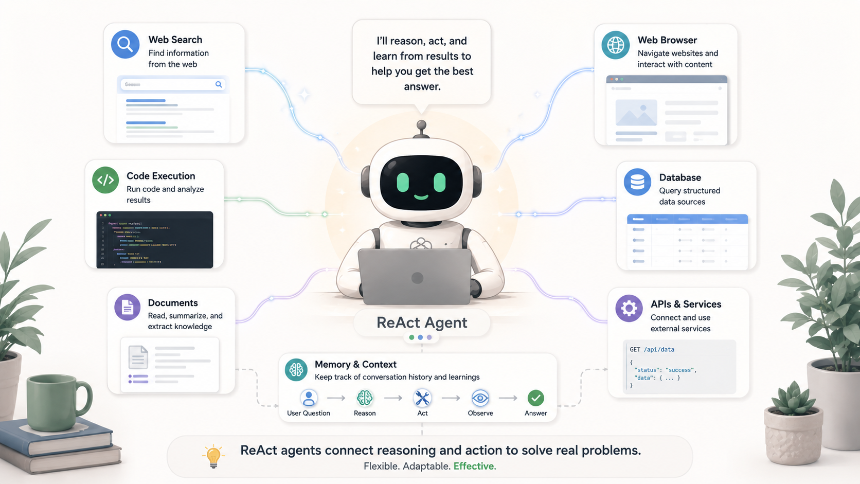 ReAct AI agent coordinating search, code, browser, database, and document tools 